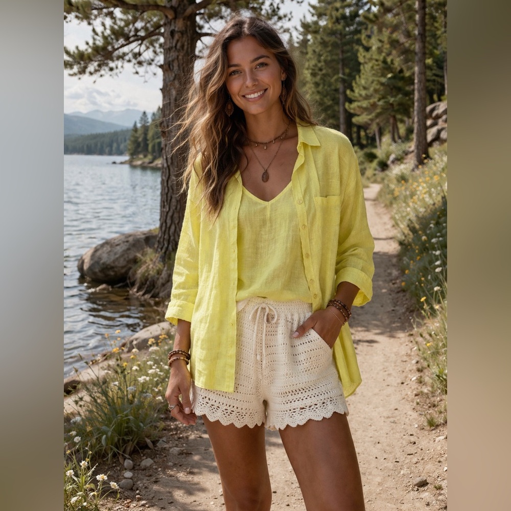 EILEEN FISHER Women’s 2 piece Yellow 100% Irish Linen Tank and Button Up Shirt M